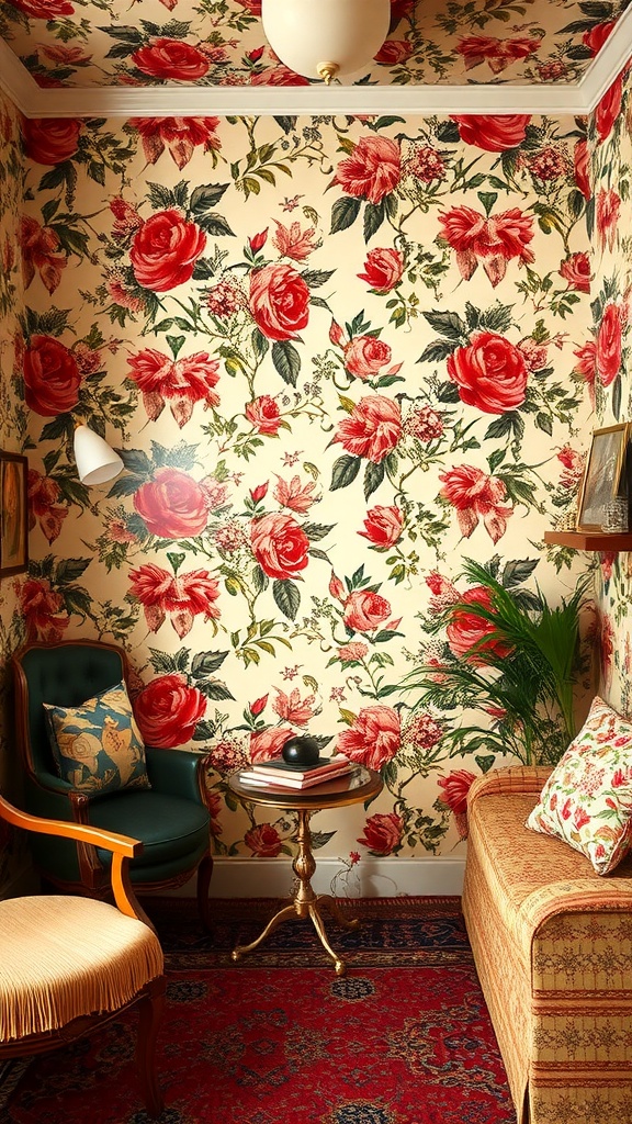 Cozy room with vintage floral wallpaper featuring red roses and greenery, a green chair, a sofa, and a small table.