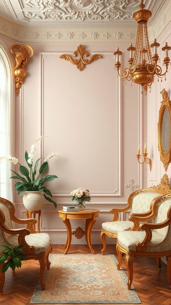 A vintage Rococo-style room featuring pink walls, golden accents, elegant furniture, and a chandelier.