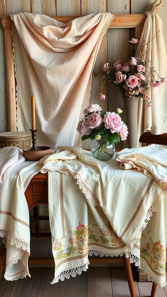 A cozy display of vintage French textiles with floral patterns and soft colors.