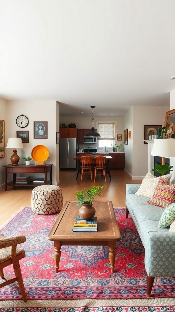 A cozy living room featuring vintage furniture, a colorful rug, and framed art on the walls.