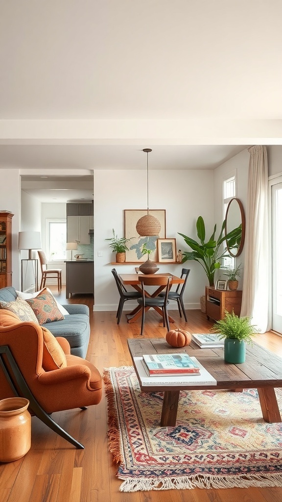 A cozy boho living room featuring vintage furniture accents, including an orange chair, wooden coffee table, and patterned rug.
