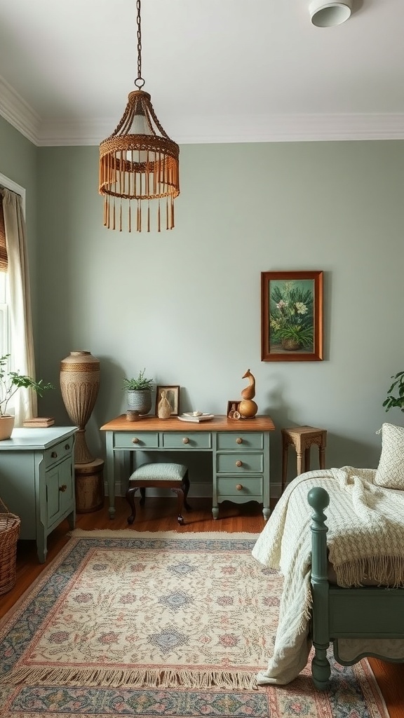 A cozy Boho style bedroom featuring sage green walls, vintage furniture, and warm decor.