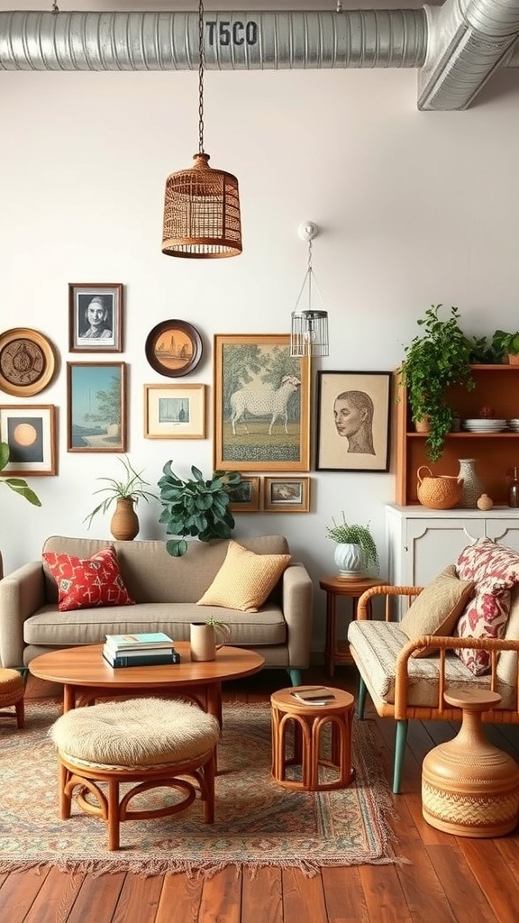 A cozy living room featuring vintage furniture, including a sofa, coffee table, and decorative wall art.