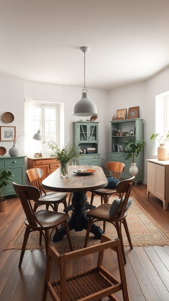 A cozy dining area featuring vintage furniture with a wooden table and chairs, complemented by green cabinets and plants.