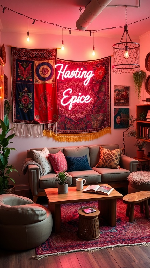 A cozy living room featuring vintage furniture, colorful pillows, and vibrant tapestries.