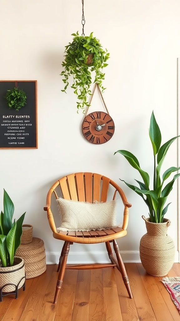 A cozy corner featuring a vintage wooden chair, a soft pillow, hanging plants, and a rustic wall clock.