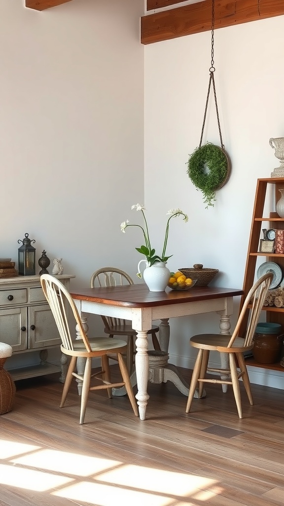 Cozy dining area featuring a vintage wooden table, simple chairs, and decorative elements like flowers and lemons.