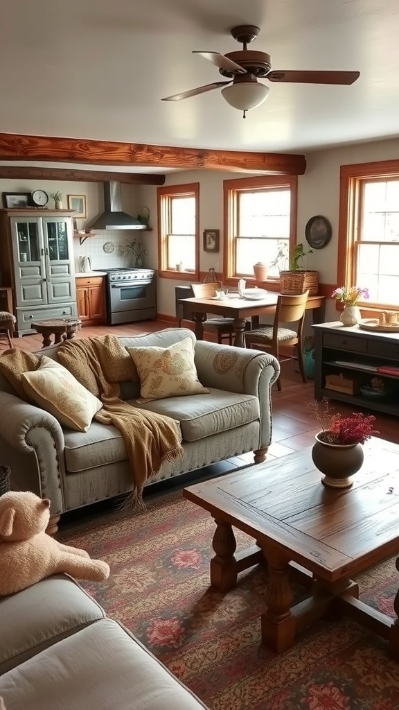 Cozy farmhouse living room with vintage furniture, featuring a light-colored sofa, wooden coffee table, and natural light from windows.