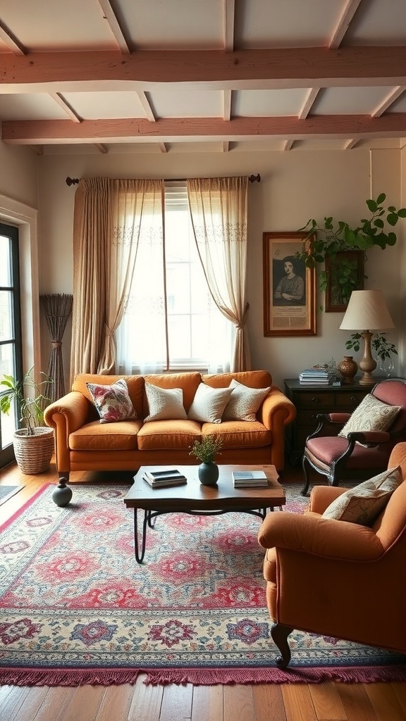 Cozy living room with vintage orange sofa, patterned rug, and warm lighting