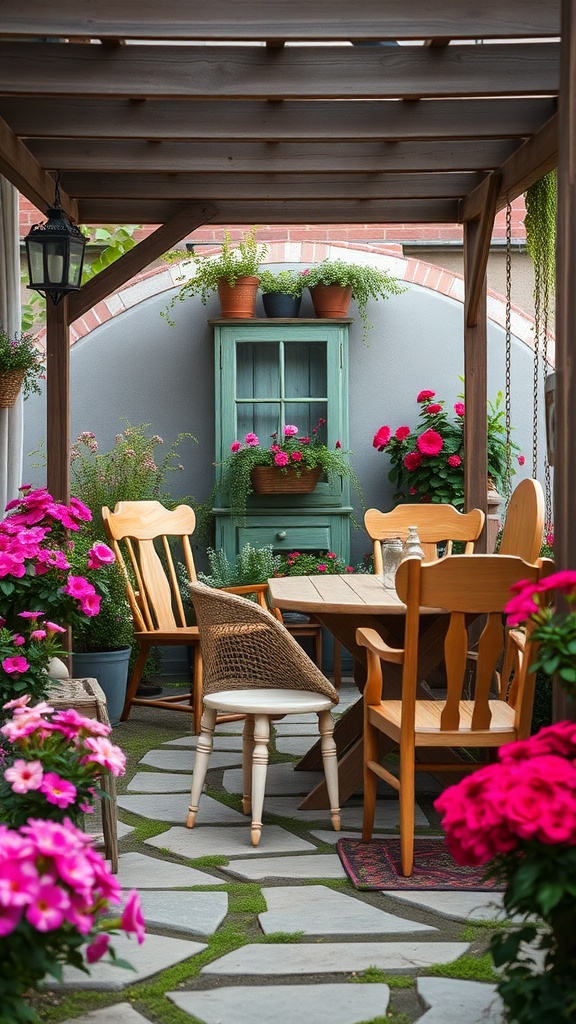 A cozy outdoor seating area featuring vintage wooden furniture surrounded by colorful flowers.