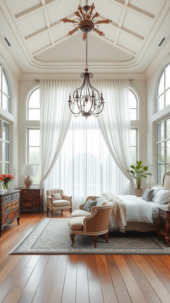 A luxurious bedroom featuring vintage furniture, a chandelier, and large windows with flowing curtains.