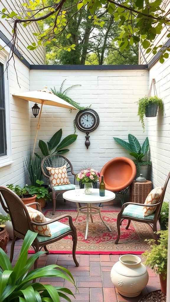 Cozy backyard patio with vintage furniture, plants, and decorative elements.