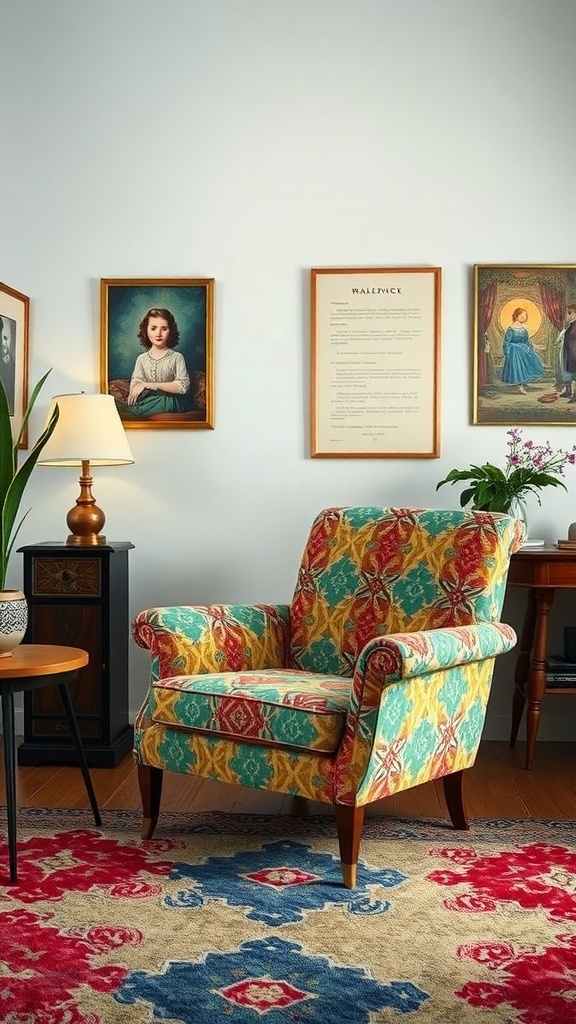 A colorful vintage armchair in a cozy room with framed artwork and a side table.
