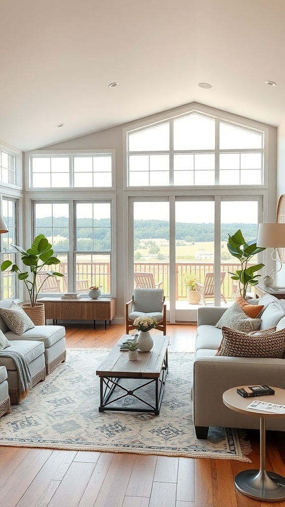 Cozy living room featuring vintage furniture and modern accents, with large windows and plants.