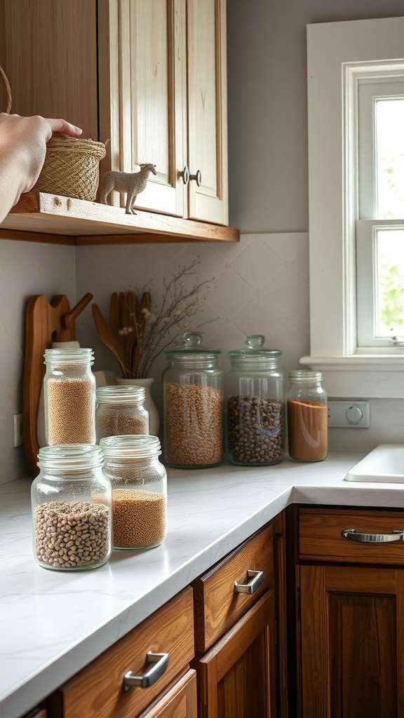 A kitchen countertop with vintage glass jars filled with grains and spices, showcasing rustic decor.