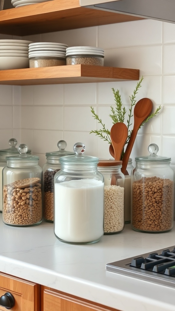Vintage glass jars filled with various ingredients on a kitchen countertop