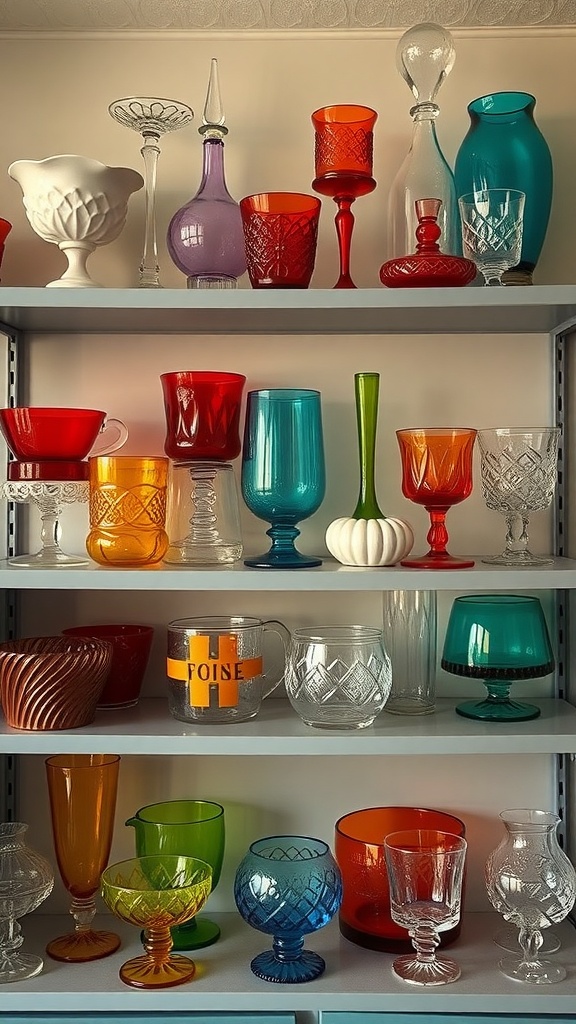A colorful collection of vintage glassware displayed on shelves, featuring various shapes and sizes.