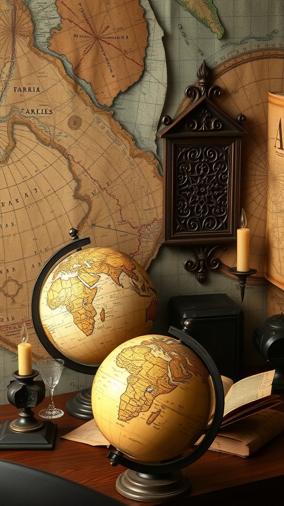 A collection of vintage globes and maps displayed on a wooden table, enhancing a cozy decor atmosphere.