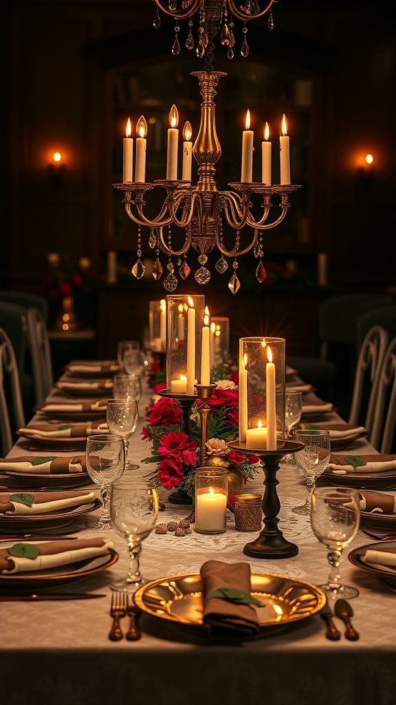 A beautifully set dining table featuring vintage goblets and chalices, surrounded by candles and flowers.