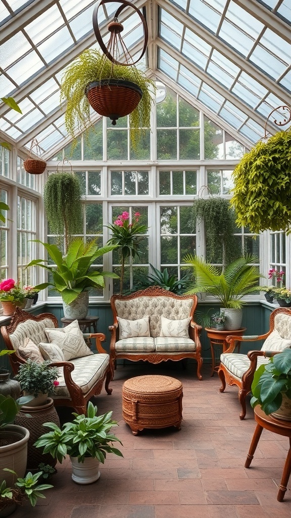 A vintage greenhouse with elegant furniture and lush plants