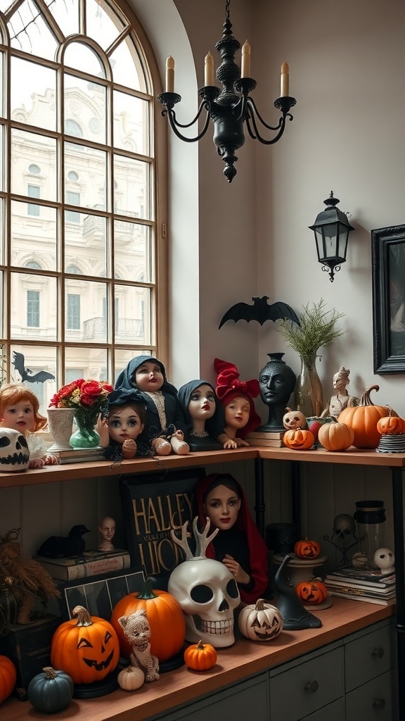 A vintage Halloween decor display featuring dolls, pumpkins, and spooky decorations.