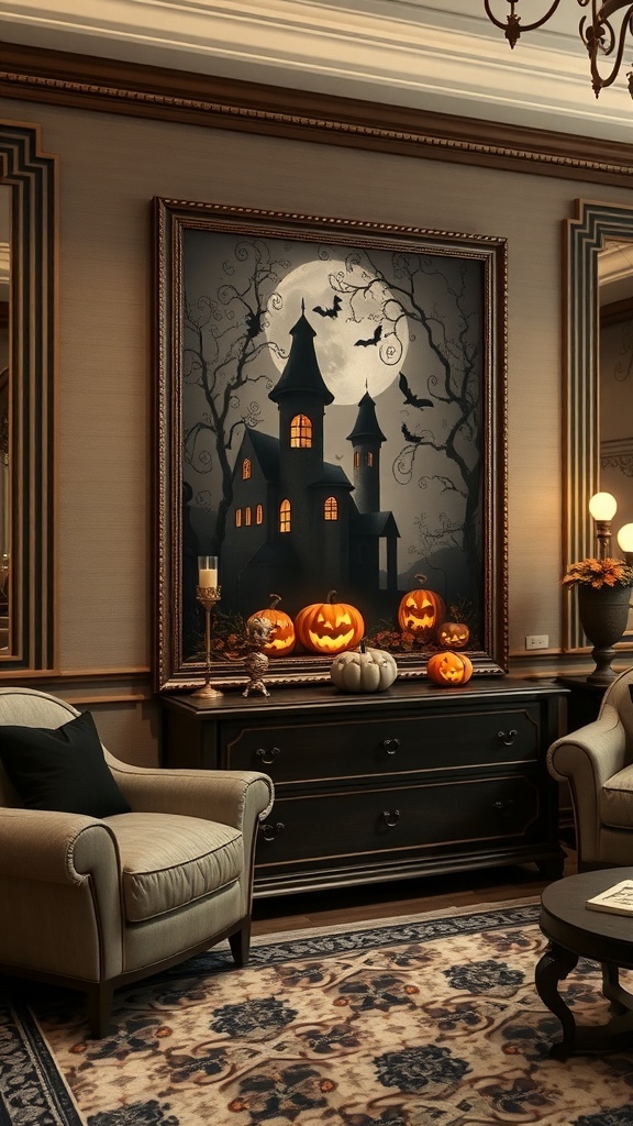 Vintage Halloween Kunstwerk mit einem Schloss, Mond und Kürbissen