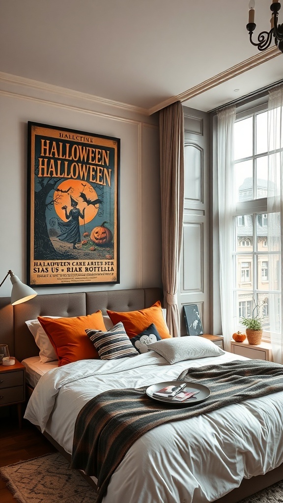 A cozy bedroom featuring a vintage Halloween poster above the bed, with warm bedding and decor.