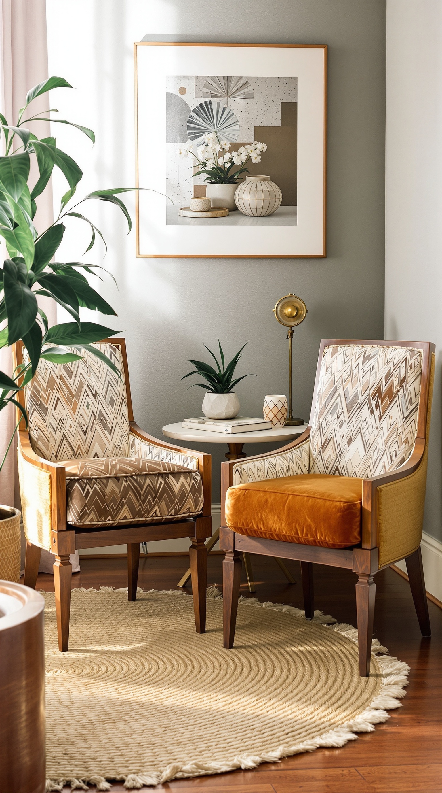 Vintage inspired side chairs in turquoise with geometric accents, a small table, and a bright window.