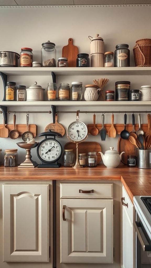 Vintage Küchenaccessoires in einer gemütlichen Küche, mit Regalen voller Gläser, Töpfen und Holzutensilien.