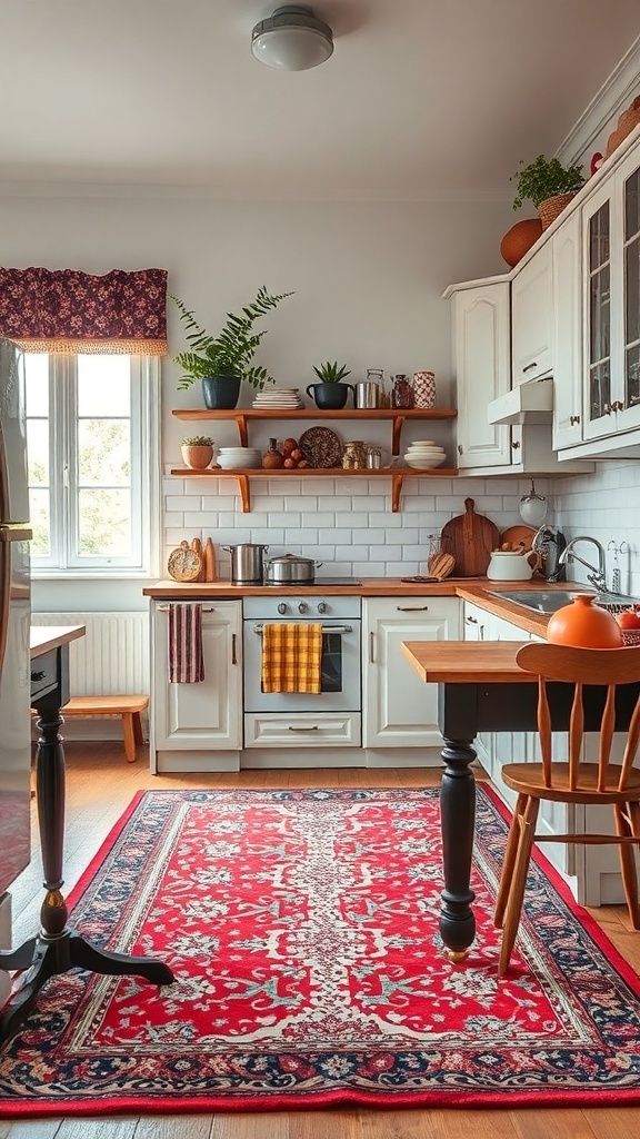 Vintage Küchenteppich in einer hellen, modernen Küche mit Holz- und weißen Möbeln
