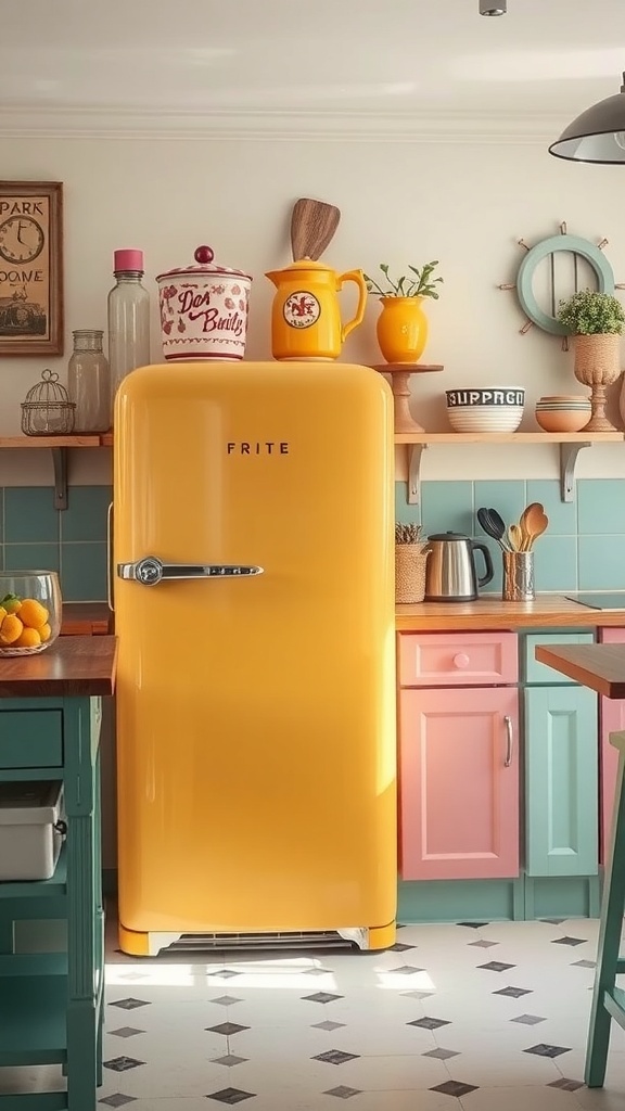 Ein leuchtend gelber Vintage Kühlschrank in einer gemütlichen Küche mit bunten Schränken und Dekorationen.