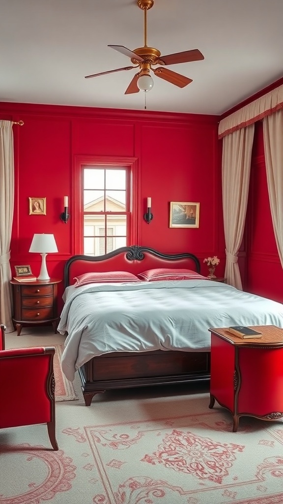 Vintage Schlafzimmer mit kirschroten Wänden und Möbeln