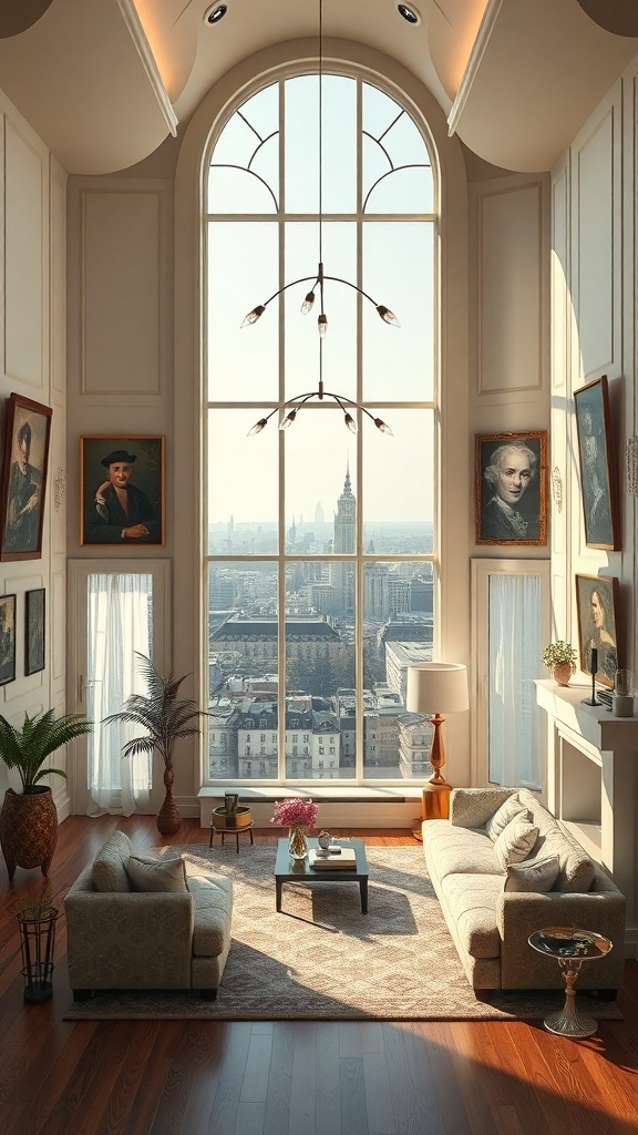 Ein stilvolles Wohnzimmer mit großen Fenstern, Vintage-Kunstwerken an den Wänden und modernen Möbeln.
