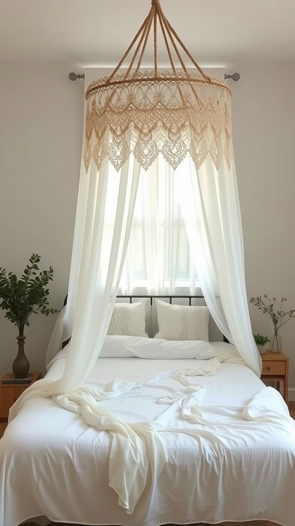 A vintage lace canopy hanging over a bed, creating a cozy and elegant atmosphere.