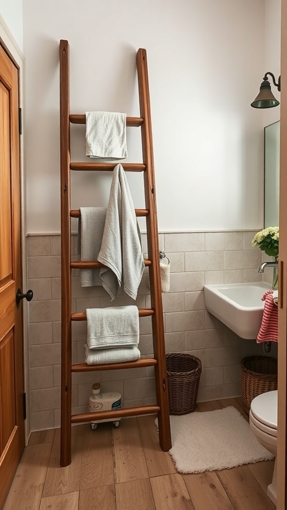 A vintage wooden ladder used as a towel rack in a bathroom, displaying neatly arranged towels.