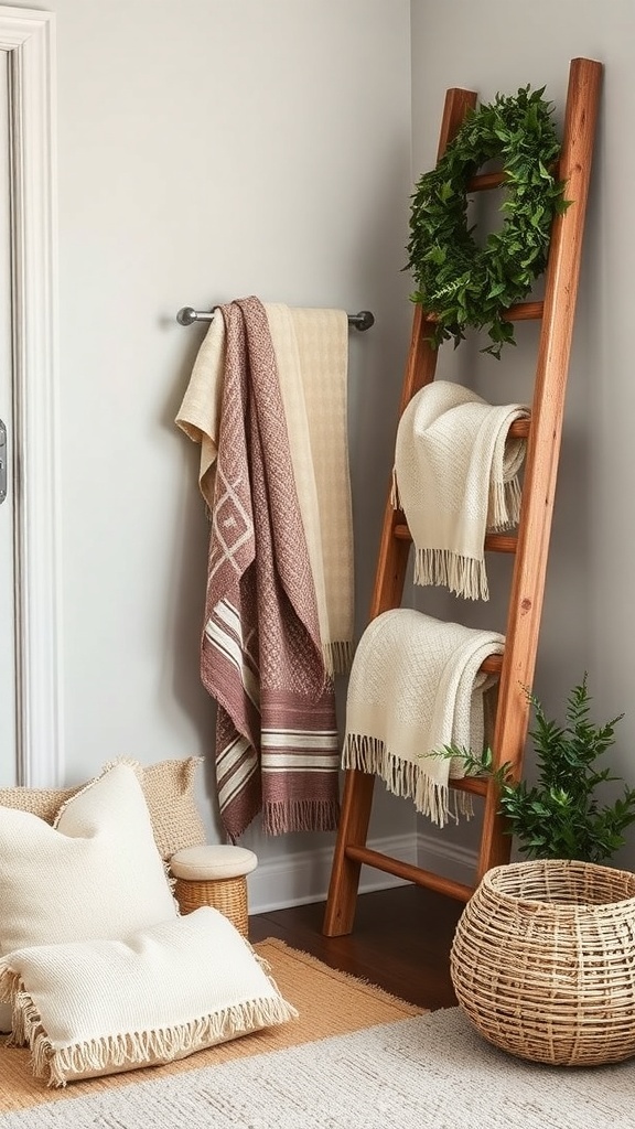 A vintage wooden ladder serving as a blanket rack, displaying various blankets, with a cushion and a woven basket nearby.