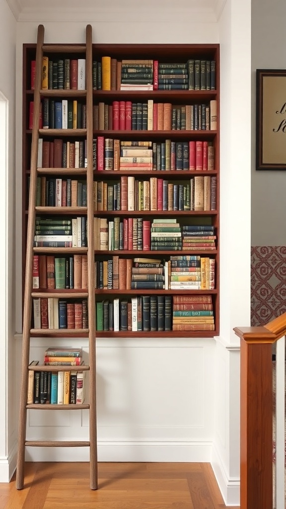 A vintage ladder bookshelf filled with colorful books, leaning against a wall.