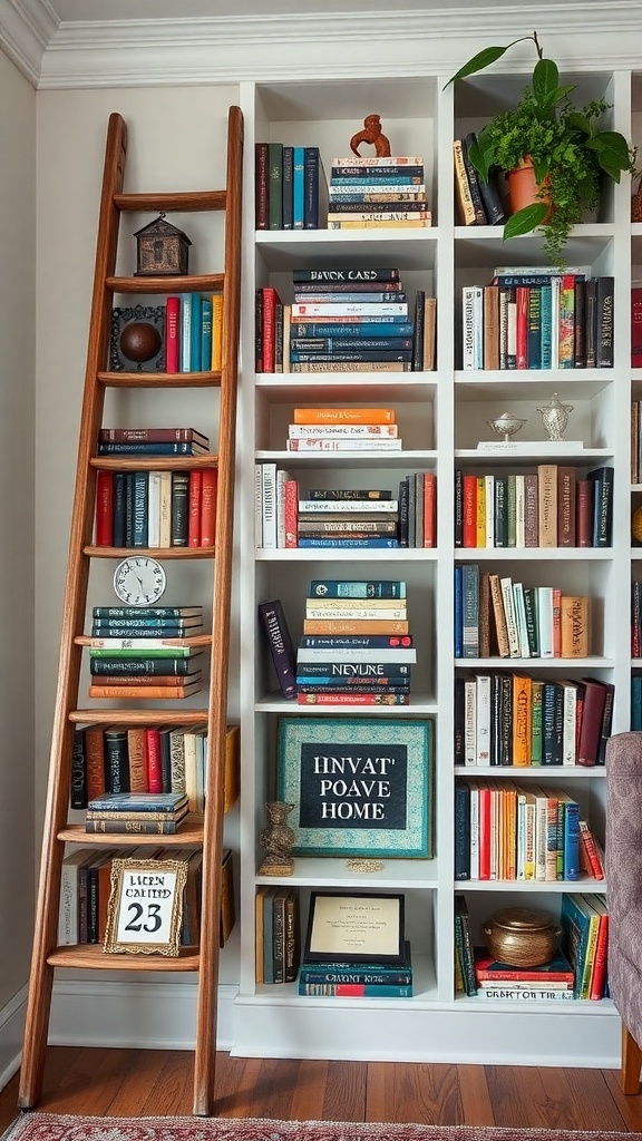A vintage ladder bookshelf with colorful books and decorative items.