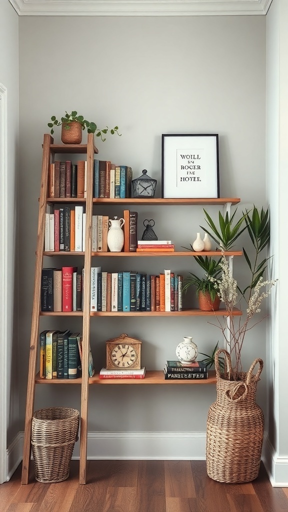 A vintage ladder bookshelf with colorful books, decorative items, and potted plants.