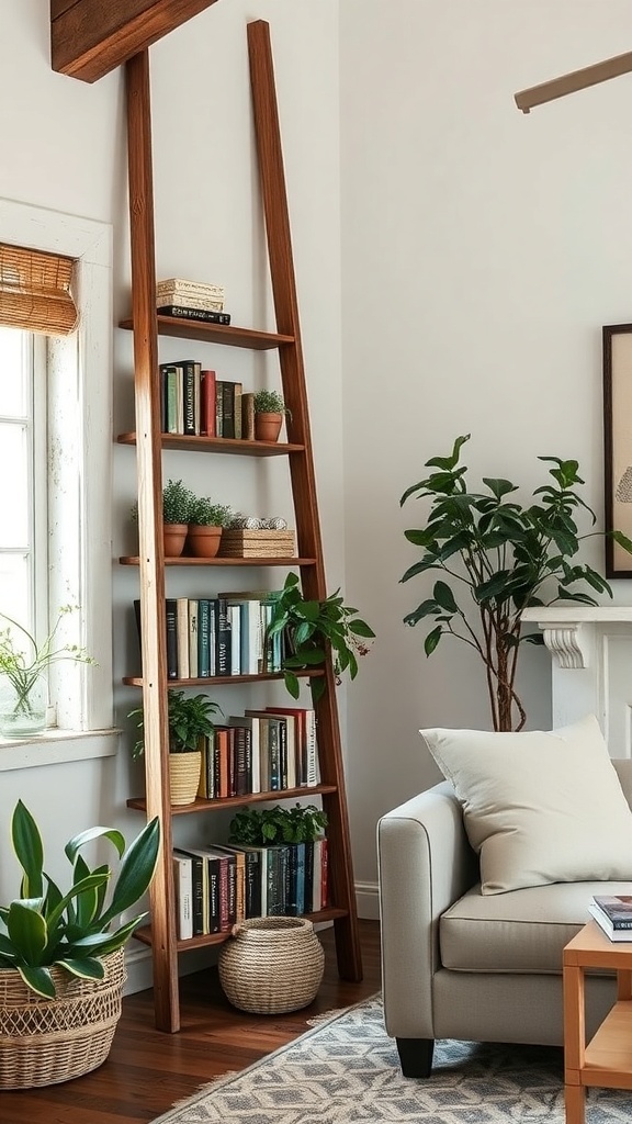 A vintage ladder bookshelf made of wood, displaying books and potted plants in a cozy living room setting.