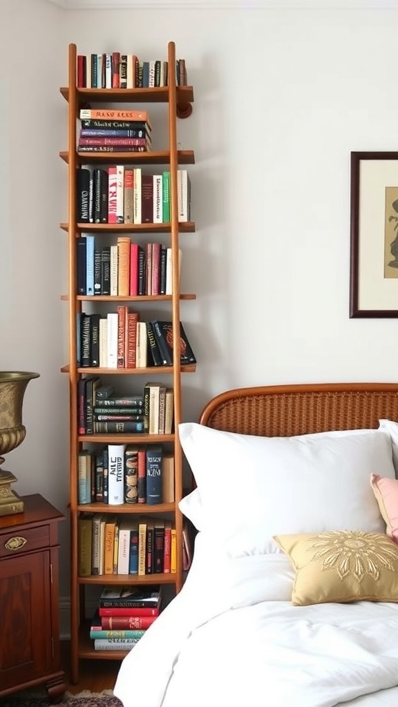 A vintage ladder bookshelf filled with books next to a bed with white bedding and a decorative pillow.