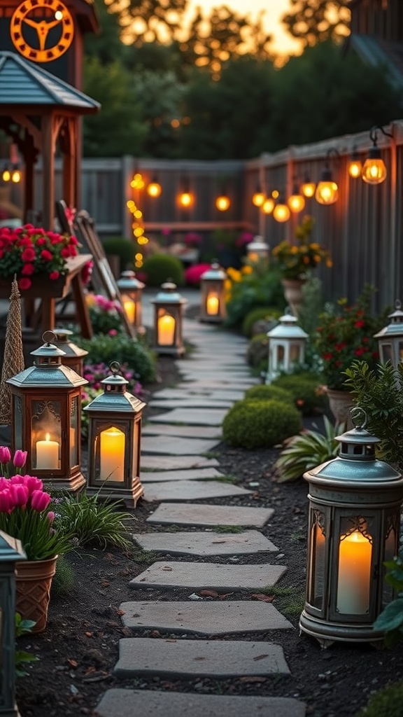 A garden path illuminated by vintage lanterns, surrounded by flowers and greenery at sunset.