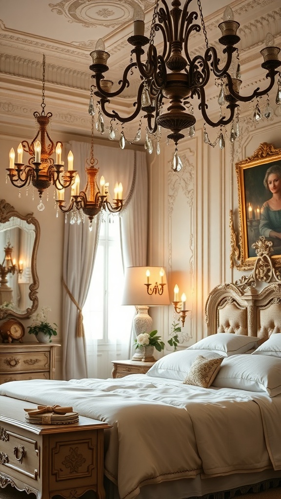 A beautifully decorated Rococo bedroom featuring vintage lighting fixtures.