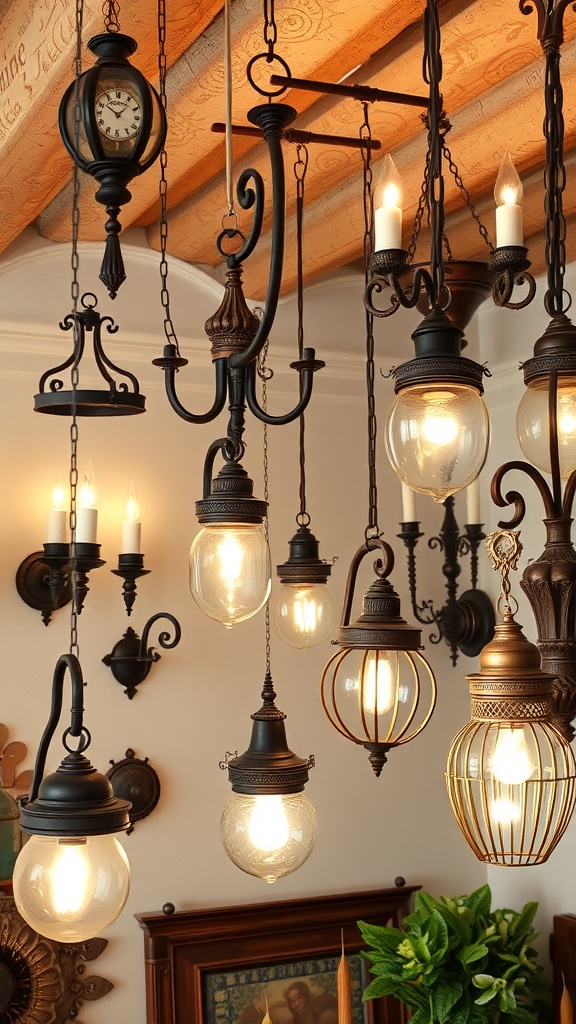 A collection of vintage lighting fixtures including pendant lights and chandeliers.