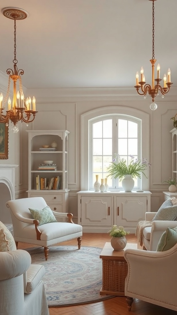 A cozy living room featuring vintage lighting fixtures with a French Rococo style.