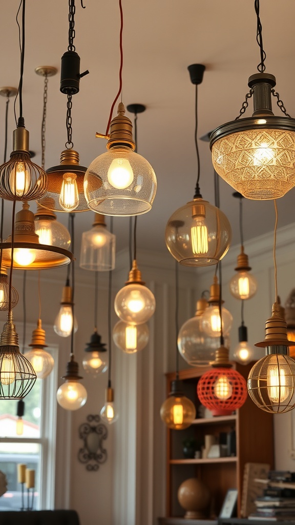 A variety of vintage lighting fixtures hanging from the ceiling, showcasing different designs and styles.