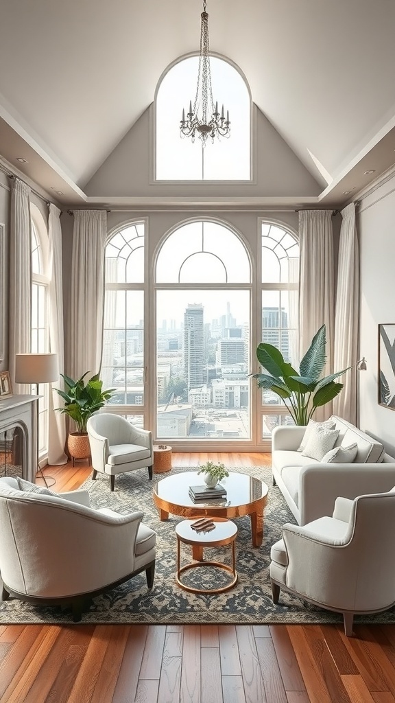 Ein stilvolles Wohnzimmer mit großen Fenstern, eleganten Möbeln und Pflanzen.