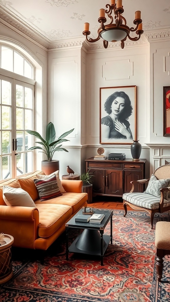 Gemütliche Sitzecke mit Vintage Möbeln, orangefarbenem Sofa, Sessel und Wandkunst.