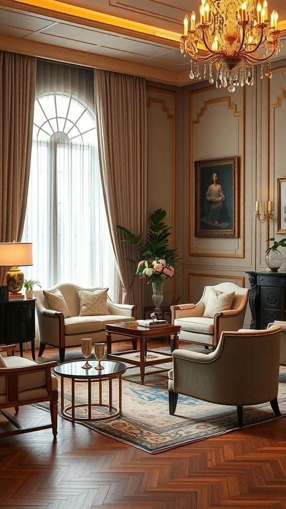 Ein elegantes Wohnzimmer mit Vintage-Möbeln, einer Deckenleuchte und einer warmen Farbpalette.
