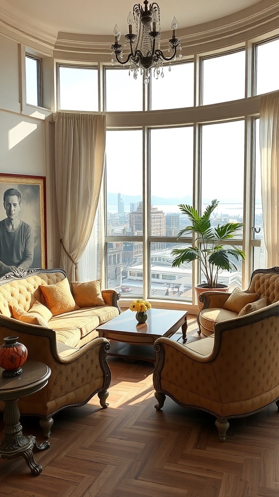 Ein stilvolles Wohnzimmer mit Vintage-Möbeln, großen Fenstern und einer schönen Aussicht.
